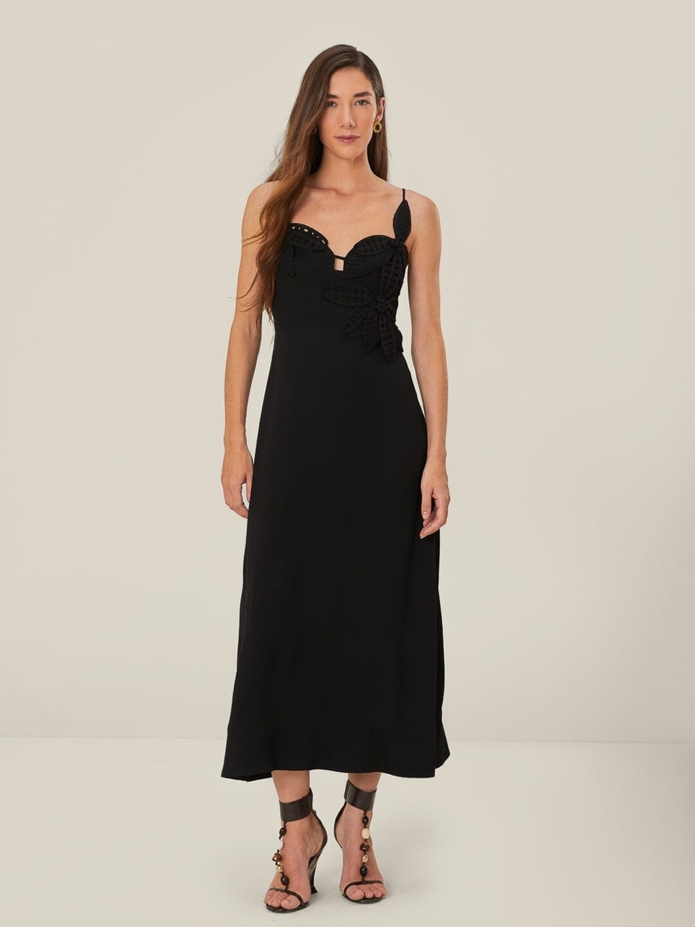 Farm Rio Black Flowered Bust Midi Dress